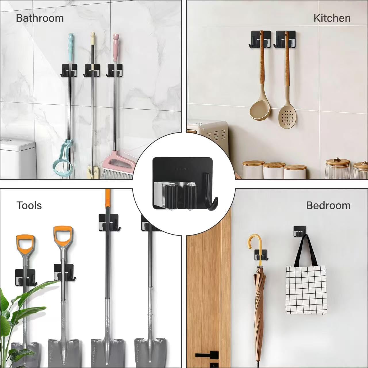 5 Pack Mop and Broom Holder Wall Mount, Stainless Steel Mop and Broom Hanger with Hooks, Mop Broom Organizer for Closet Laundry Garage Garden Tool Organizer (Black)