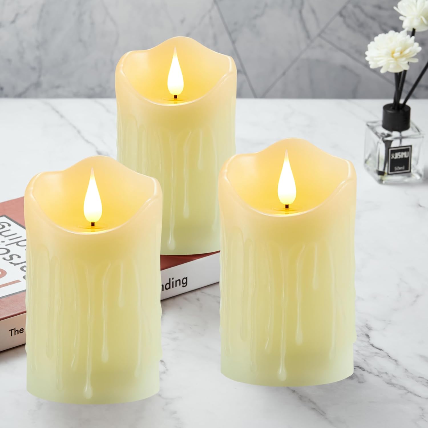 Flameless Candles with Rechargeable Battery, 3" x 5", Set of 2, Electronic Candles with Remote and Timer, led Pillar Candle Real Wax 3D Wick, Ivory led Candle for Home, Wedding, Christmas