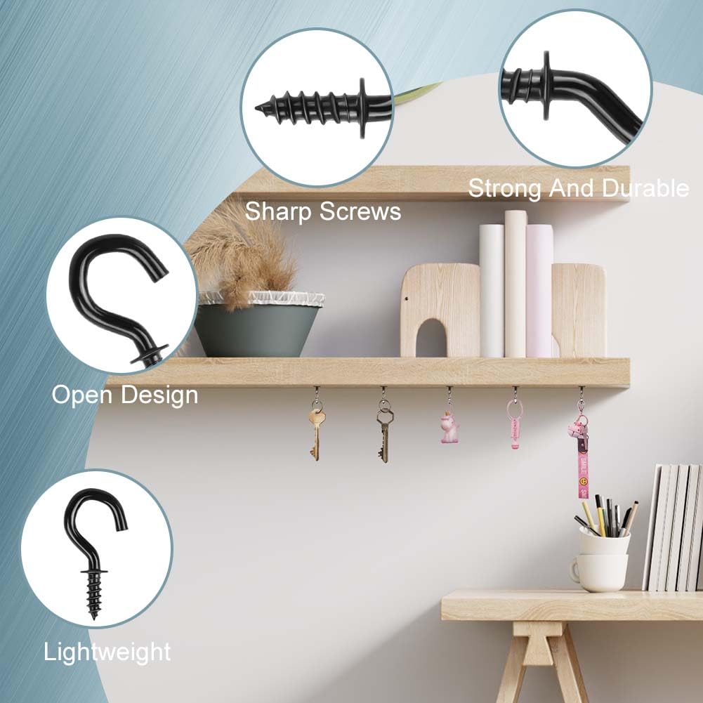 vsshe 250PCS 1/2 Inch Metal Ceiling Hooks, Black Plastic Cup Hooks Screw Multi-Purpose Hook for Hanging Plants Cups - Image 3