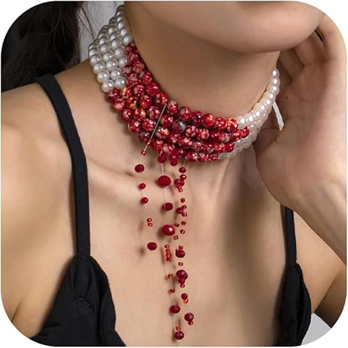 Collar de perlas de sangre para mujer, collar de sangre para disfraz de vampiro, joyería de goteo, gargantilla de perlas, disfraz de fiesta de