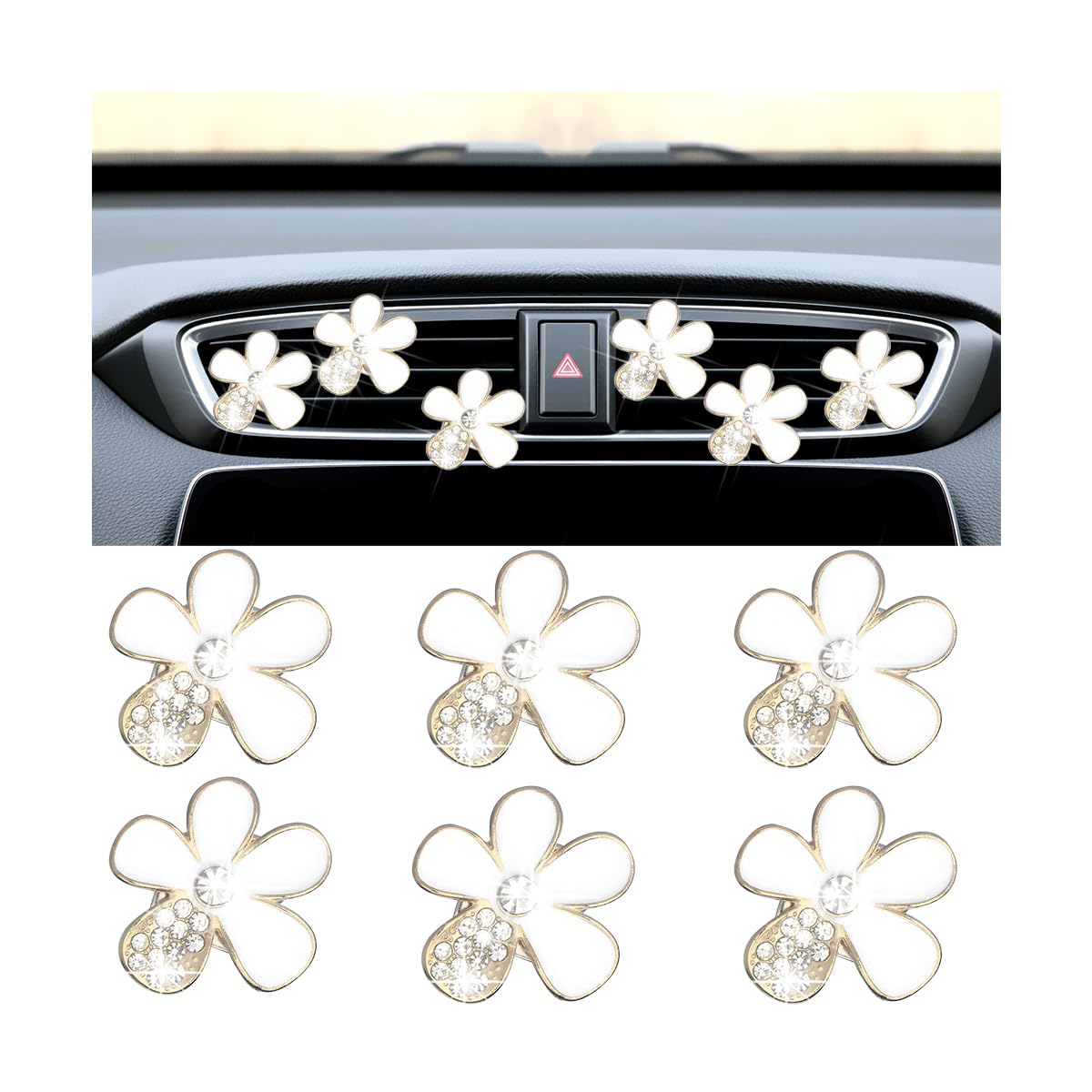 Mandark 6PCS Bling Daisy Flower Car Air Vent Clip, Crystal Rhinestone Vehicle Air Vent Outlet Clip, Cute Auto Air Conditioning Clip Charm Interior