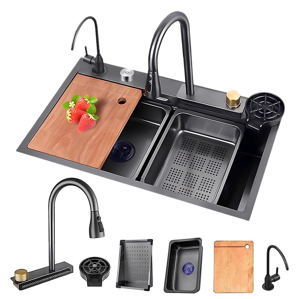 ZQFHSX Black Waterfall Kitchen Sink, Stainless Steel Workstation Sink With Pull-out Faucet, Cup Washer, Drain Kits, Single Bowl Bar Large Prep For Drop In(75x45x21cm)