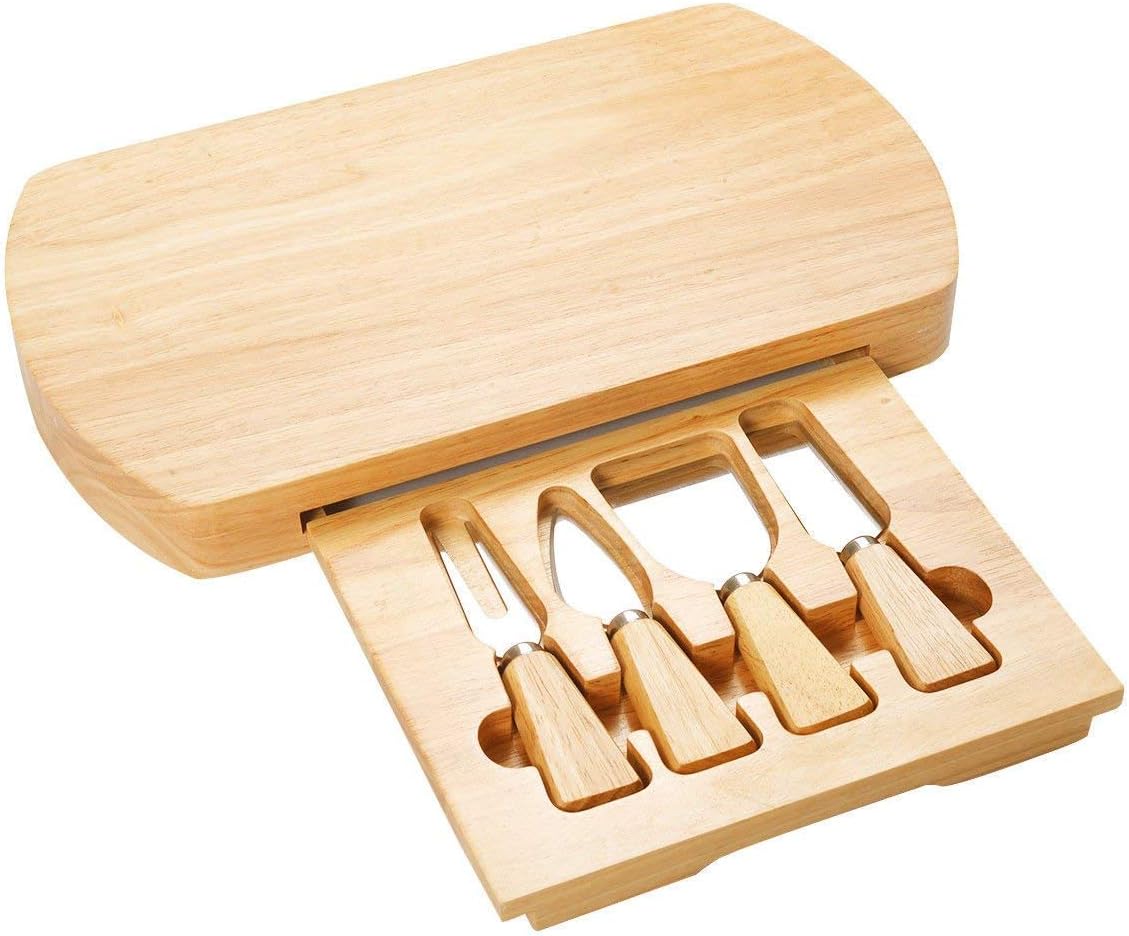 42529DPT-CK Board & Knife 5 PCS Cheese Knife Set Stainless Steel w/Fork, Shovel, Scimitar, Wood Slide Out Cutting Board (Rectangle with Round Edge), Natural