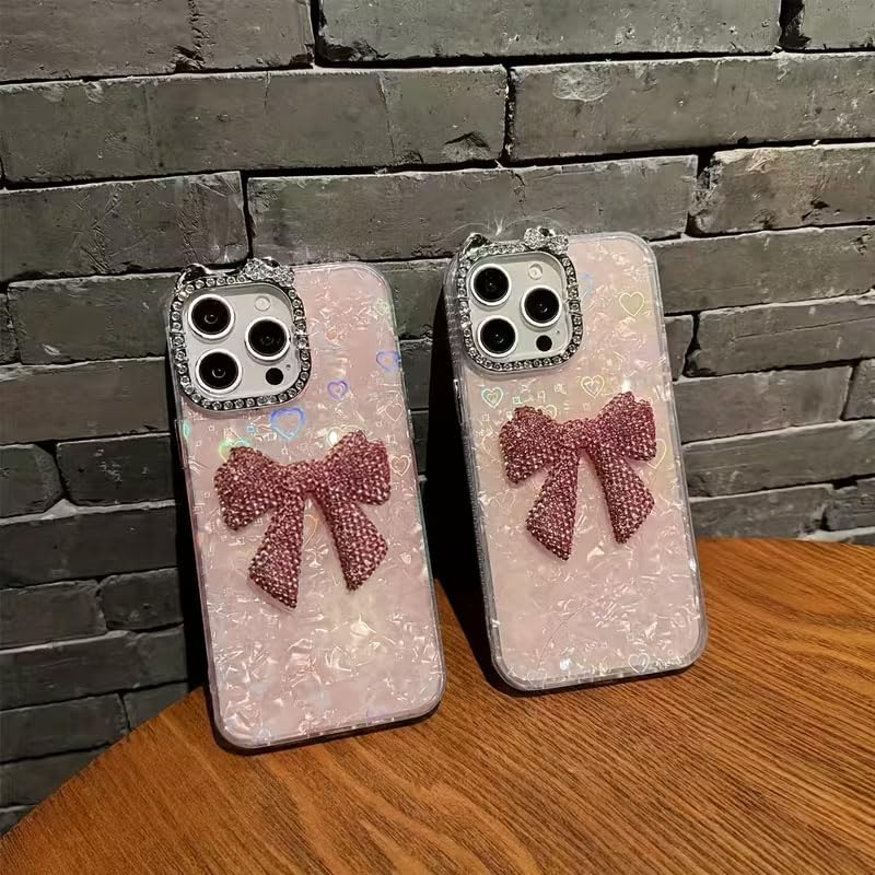 Image of mobistyle Compatible with iPhone 15 Pro | Rhinestone Bow Elegant Heart Shell Pattern and Camera Lens Protection Back Cover Case for Women Girls iPhone 15 Pro (Pink)