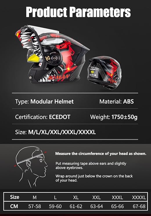 Flip Up Front Full Face Helmet Modular Motorcycle Helmet DOTECE Approved Motorbike Crash Helmet with Double Visors Racing Helmet for Men Women Adult Modular Motocross Helmet