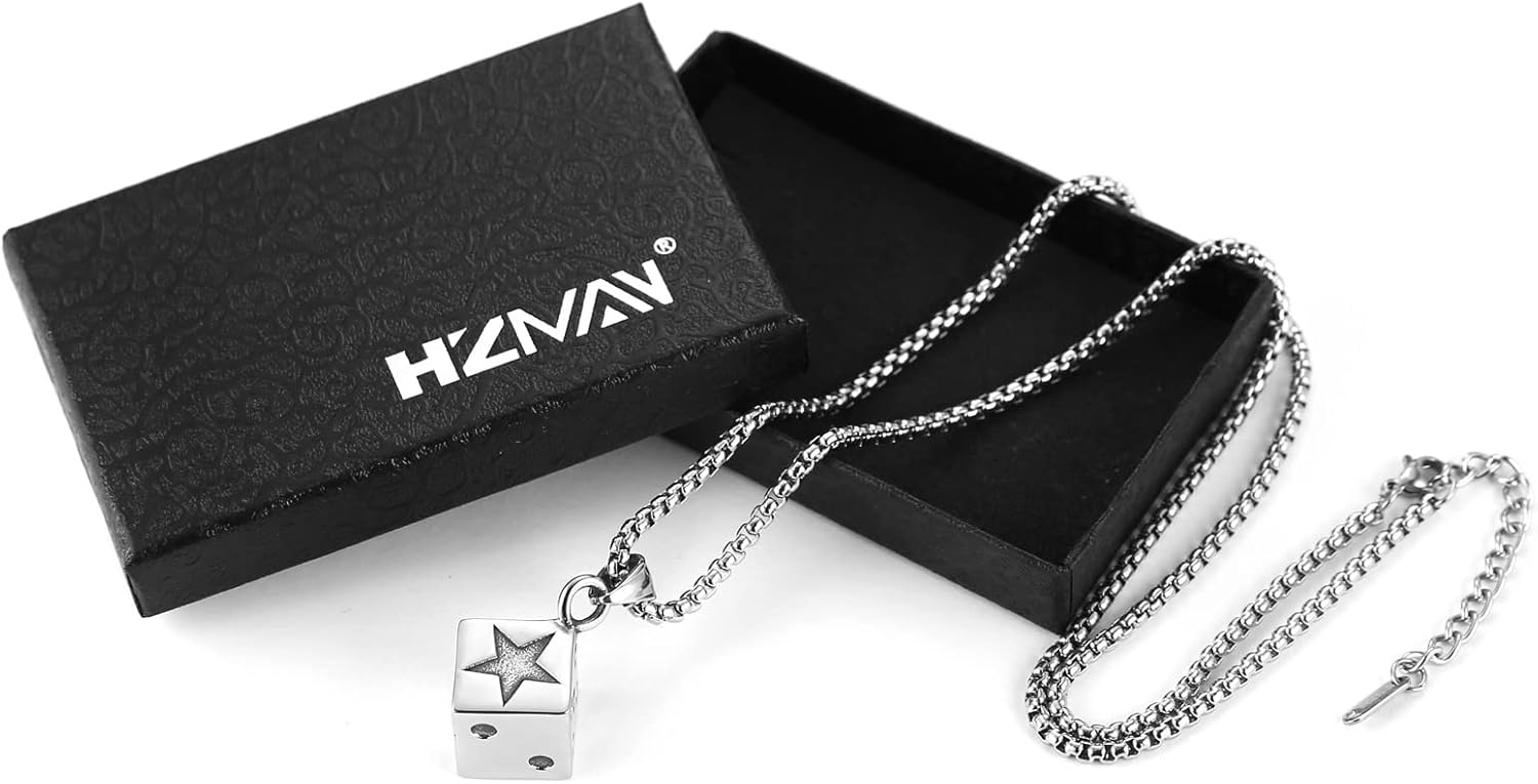 HZMAN Men's Dice Necklace, Stainless Steel Gothic Bar Pendant, Lucky Jewelry 22+2 Inch Box Chain (Silver) - Image 7