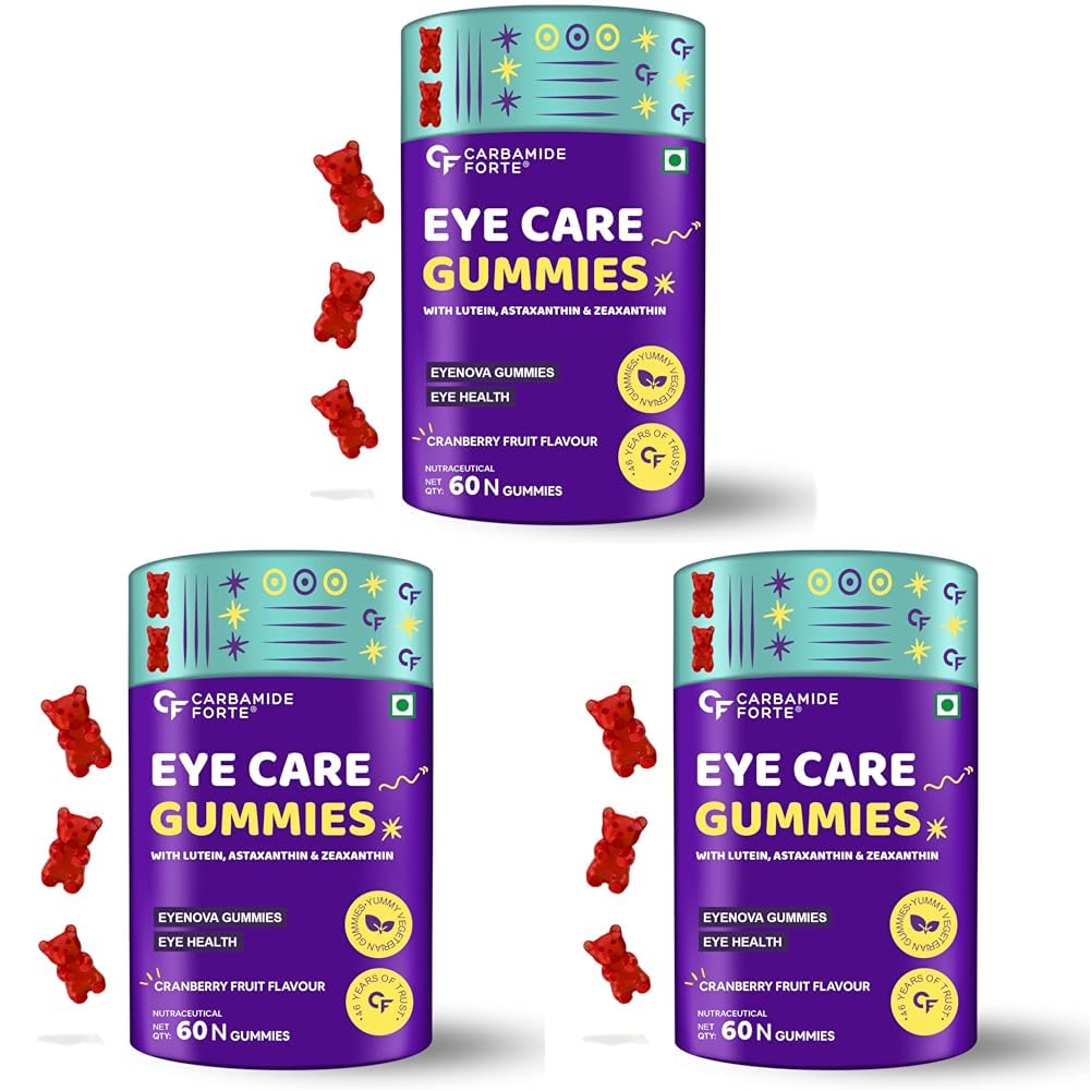 Carbamide Forte Eye Gummies - Lutein and Zeaxanthin Eye Supplements with Astaxanthin, Veg DHA and Vitamin C for Vision Support & Eye Health - Cranberry Flavour - 60 Veg Gummies (Pack of 3), 825 Grams
