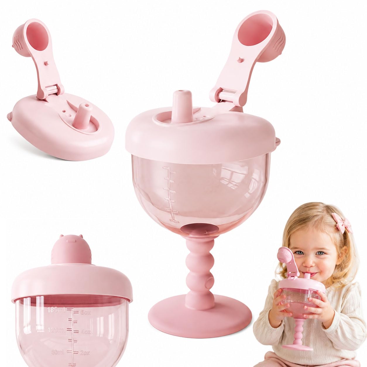 6oz Cute No-Spill Goblet Cup with Lid,Baby Wine Design Sippy Cup,Travel SippyCup with Easy Measurement Marks,Leak-Proof Baby Beverage Mug Milk Bottle,Easy-Grip,Durable and Odorless