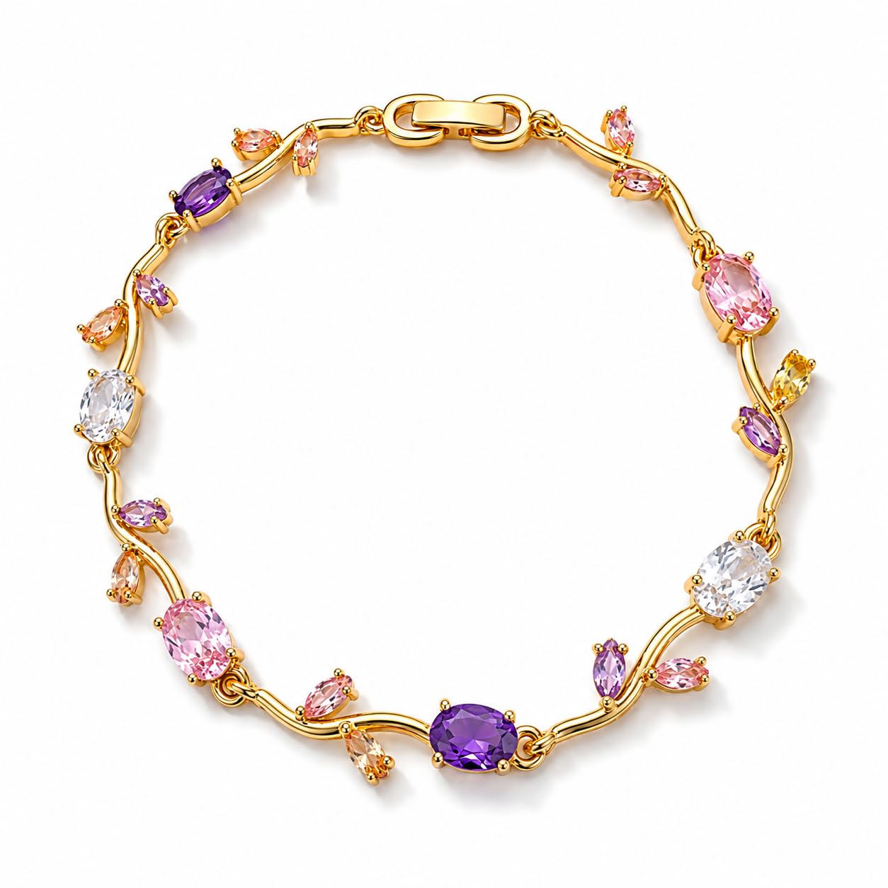 Gold Shine Multicolour Cubic Bracelet for Women | Elegant Floral Link Bracelet | Designer Fashion Bracelet | Party Jewellery | Wedding, Anniversary & Festive Gift for Women and Girls-image-23