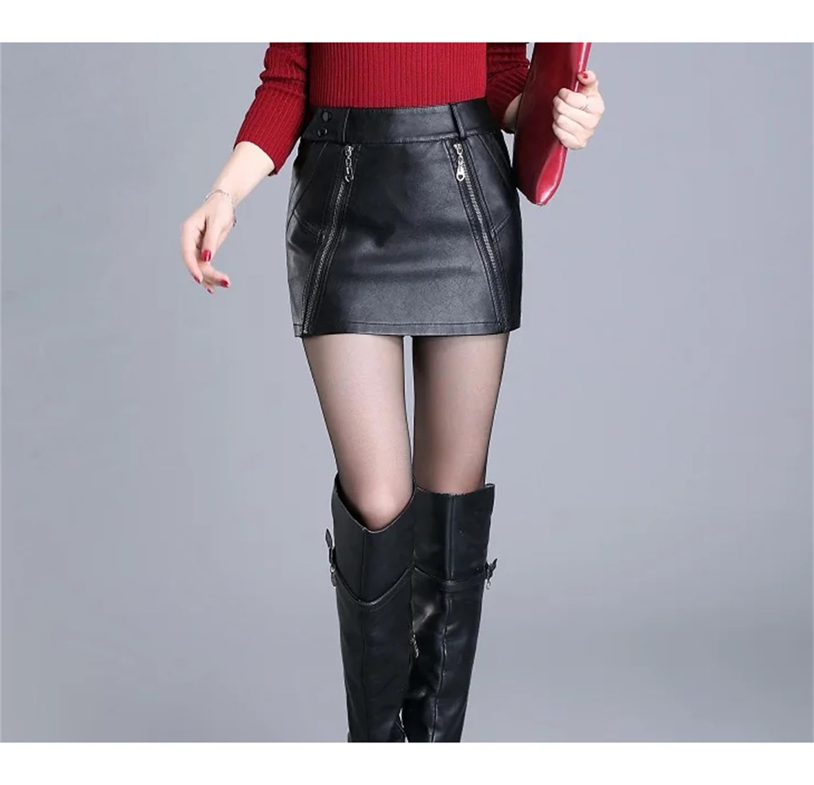 Falda de Cuero sintética Sexy para Mujer Minifalda Corta de Cintura Alta con Forma de Cadera Falda Corta con Cremallera para Fiesta y Club,Negro-Medio