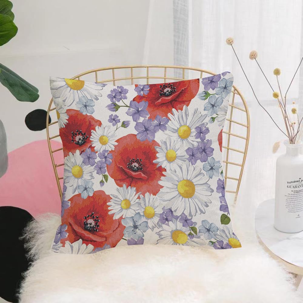 HYMSXW Cushion Cover,Throw Pillow Case Home Decorative for Living Room Bedroom Sofa Chair 20X20 Inch,Colorful flowers in a pastoral style, red poppies and daisies,Pillowcase 50X50cm