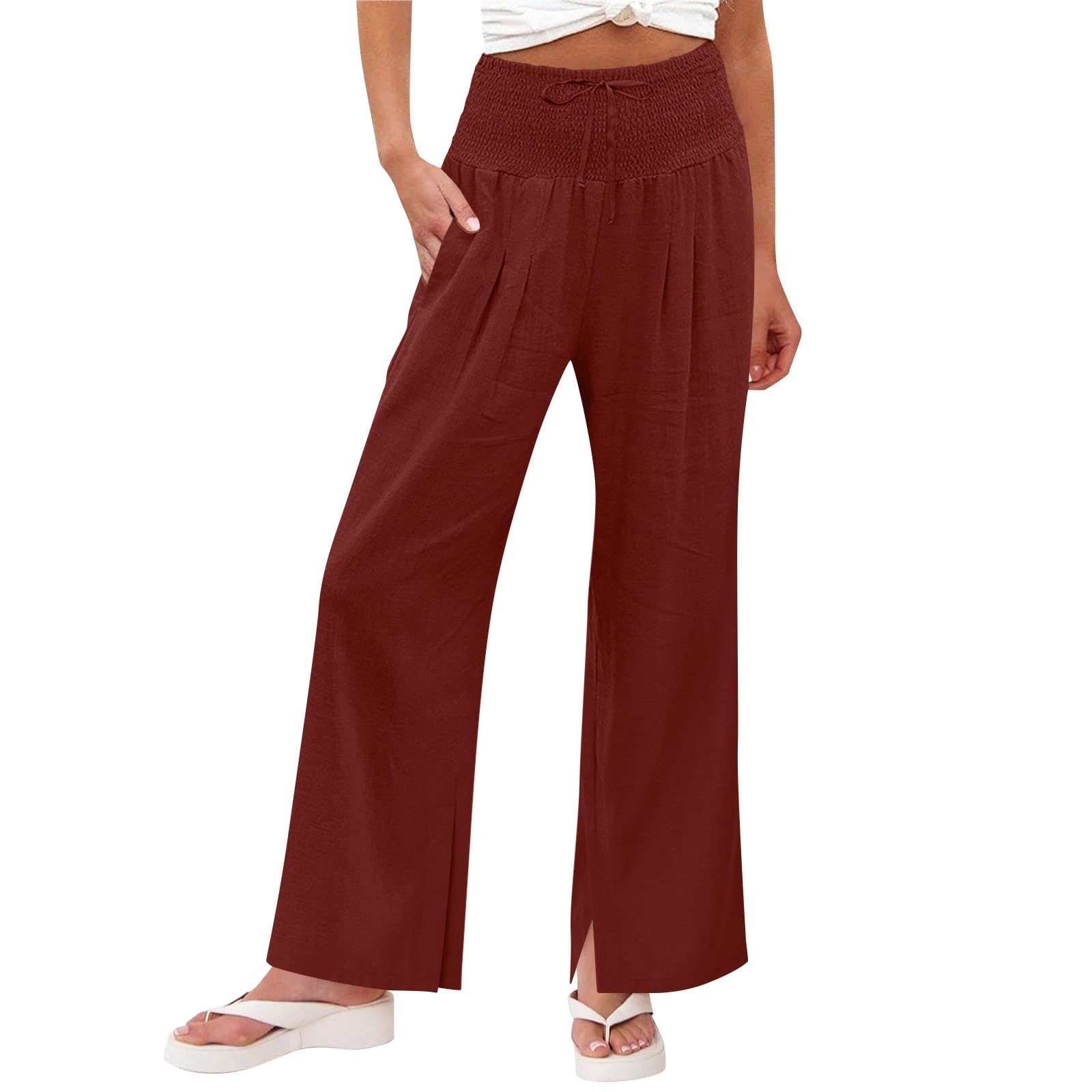 Linen Pants Women 2026 Summer Wide Leg Palazzo Pants High Waist Travel Flowy Trousers with Pockets Vacation Clothes — view 11