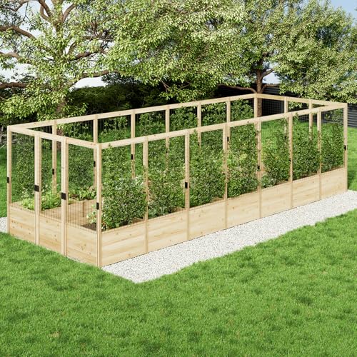 AMERLIFE Raised Garden Bed with Deer Proof Fence, 7.5Wx20Dx6H Outdoor Wooden Raised Garden Bed Planter with 19" Depth Planter Box
