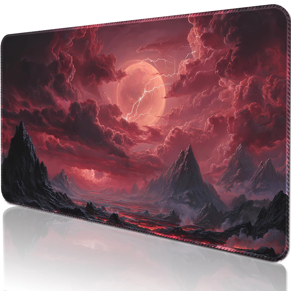 BUIBUIC MTG Playmats(Stitched) 14x24in Compatible for OCG CCG RPG TCG Playmats with Card Zones Storage Bag (Fantasy Moon-No Zone)