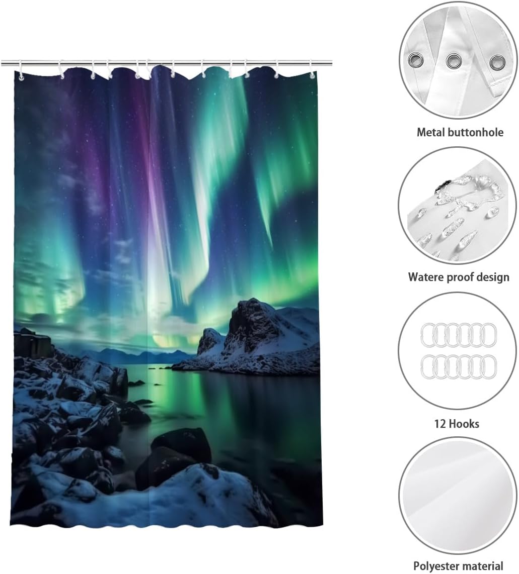 Natural Shower Curtain, Northern Lights Sun Space Panorama Above The Magnetic Pole of The Rockies, Fabric Bathroom Decor Set with 12 Hooks, Purple Emerald Green 72 * 72 inches