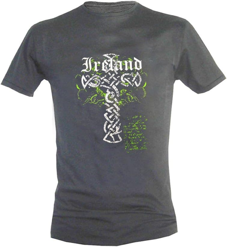 Keltic Legend T-Shirt with Large White Cross & Ireland Print, Charcoal Colour