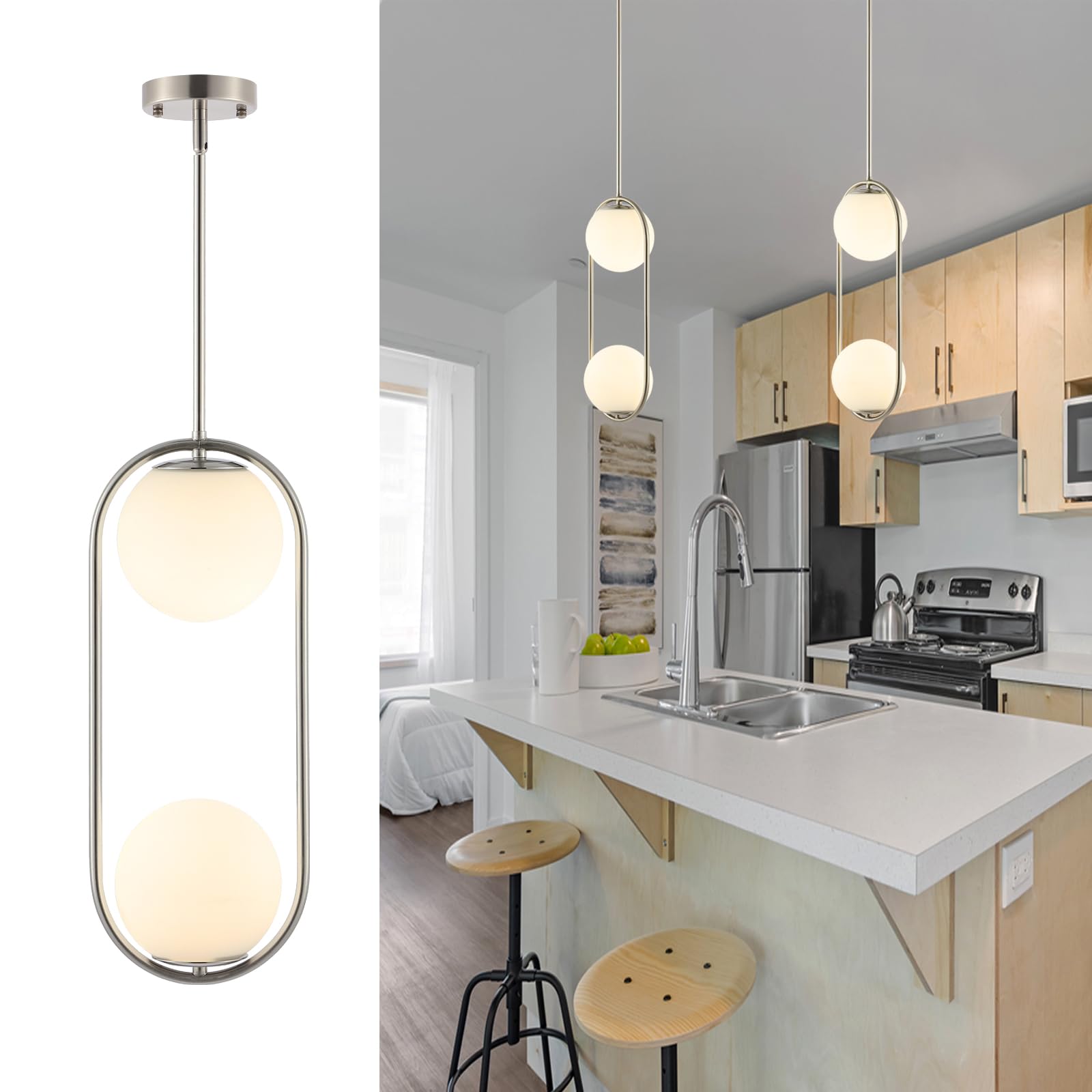 Modern Globe Pendant Light 2-Lights Brushed Nickel Chandelier Mid Century Ceiling Hanging Lighting Fixture White Globe Glass Shades for Kitchen Island Dining Room Bedroom