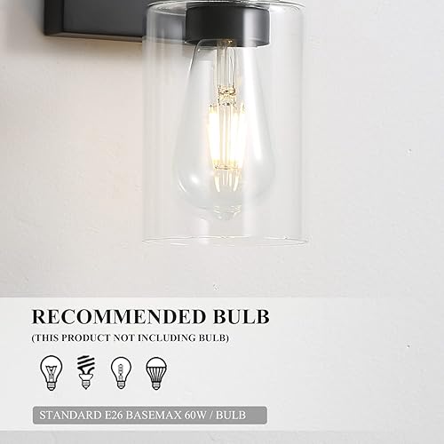 Miniatura 4 de EMONG Lámparas de baño de luces individuales, luz negra mate con pantalla de cristal, apliques de pared modernos para baño, espejo, granja, pasillo