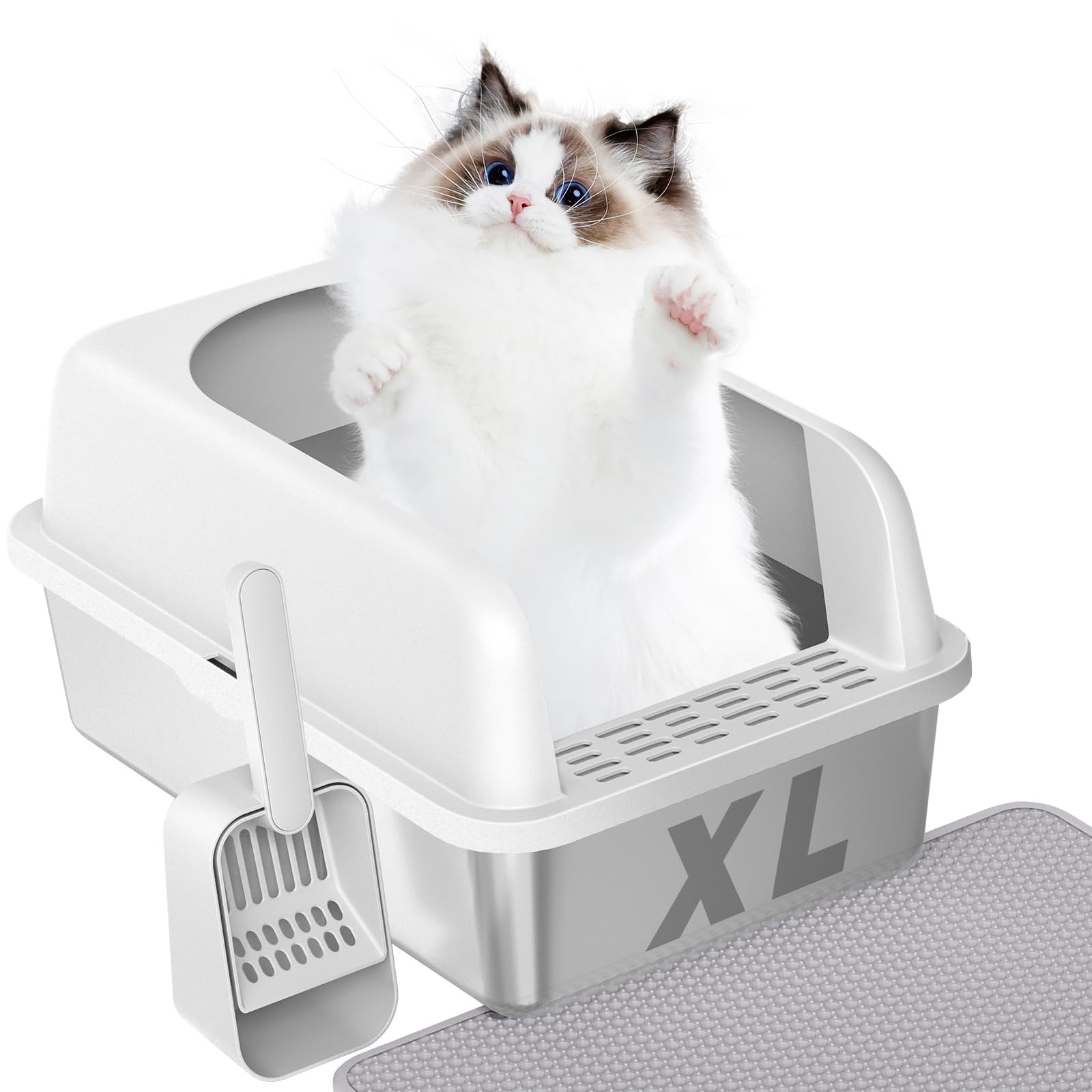 Prodigen Extra Large Stainless Steel Cat Litter Box with Lid High Wall Sides Enclosure, Non-Sticky, Anti-Leakage, Easy Cleaning，with Cat Mat & Metal Scoop, 24" L x 16" W x 12" H