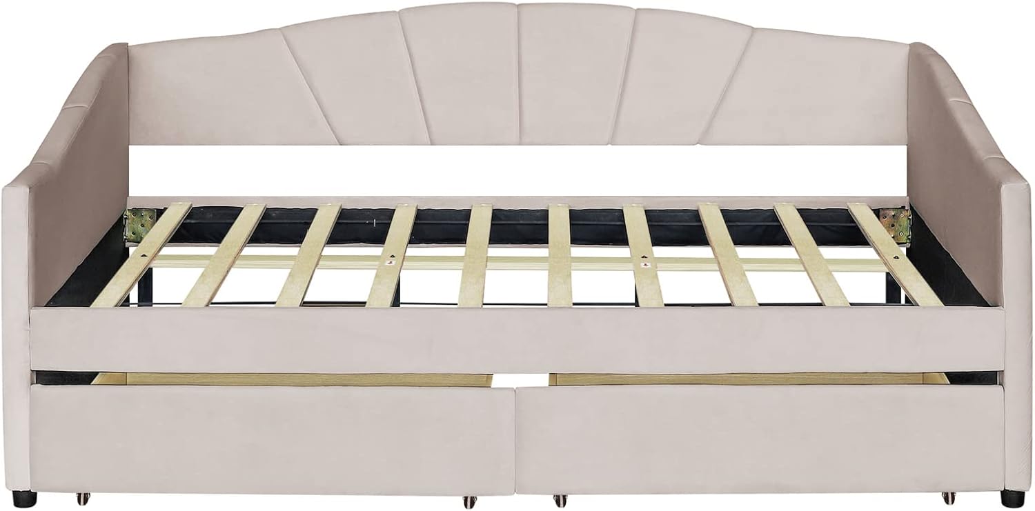Bellemave Twin Daybed with Storage Drawers Upholstered Sofa Bed Frame Velvet Beige Day Beds for Bedroom Living Room Guest Room, Beige With Drawers