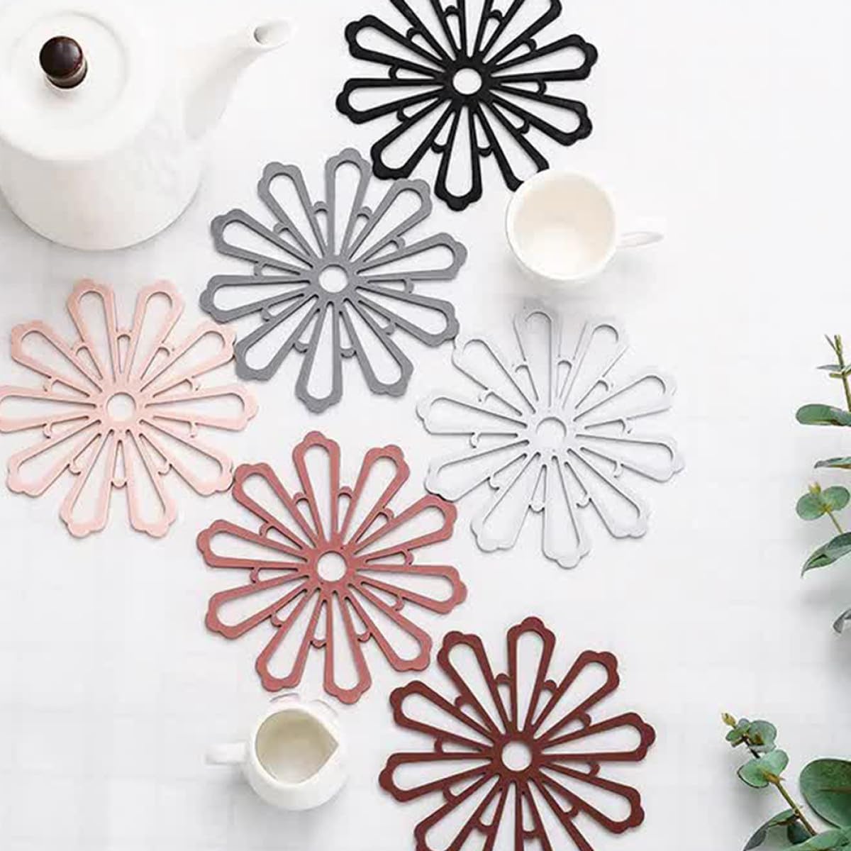 6pcs Flower Shaped Pot Mat Trivet Set, Heat Resistant Soft Silicone Table Coaster Pads for Kitchen, Hollow Out Floral Design for Hot Pot Insulation and Dining Table Protection