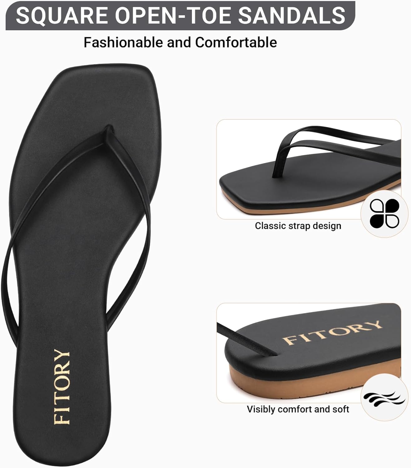 FITORY Womens Flip Flops, Square Open Toe Leather Thong Sandals, Comfortable and Dressy Flat Slides on Summer 2026 for Casual Walking Size 6-11 - Image 4