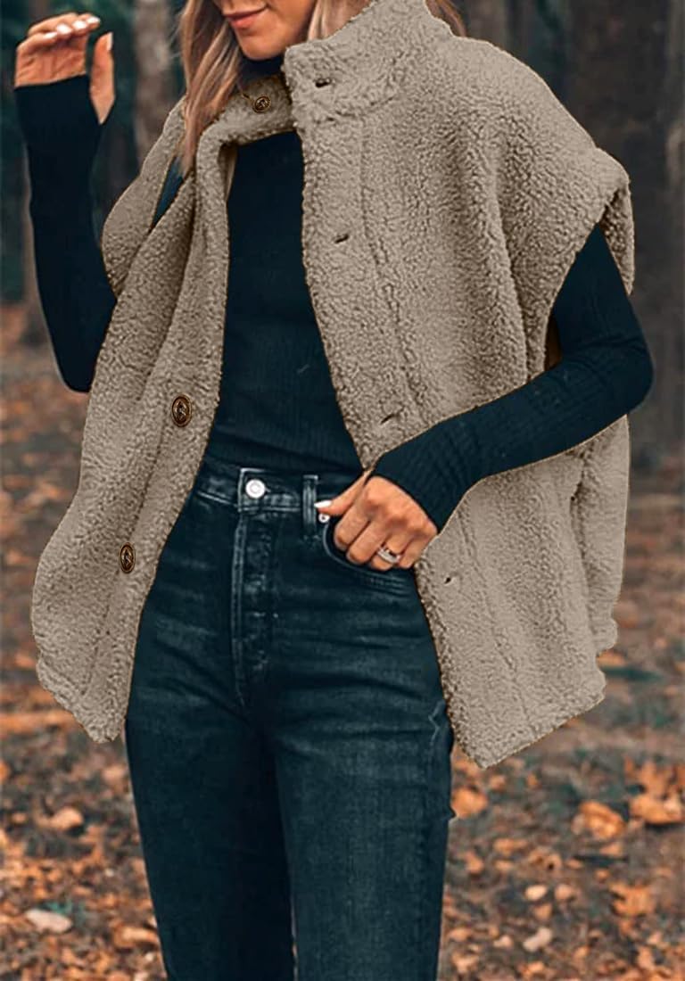 Hongqizo Womens Fuzzy Fleece Vest Casual Oversized Warm Button Down Sherpa Vest Jacket with Pockets - Image 3