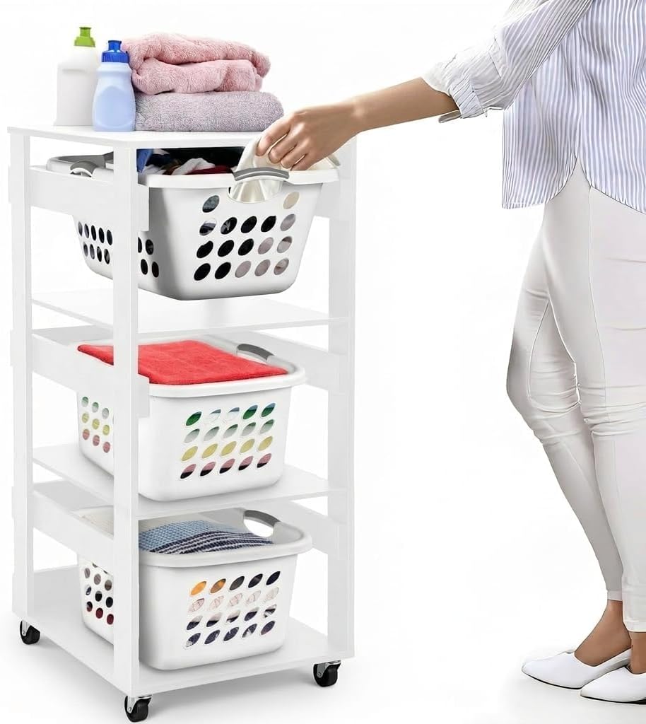 Laundry Basket Holder Shelf, Stackable Laundry Sorter (White, 3 Tier)