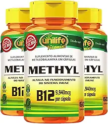 Kit 3 Vitamina B12 Metilcobalamina Alto Teor 9,940mcg 60 Cápsulas Vegano Unilife