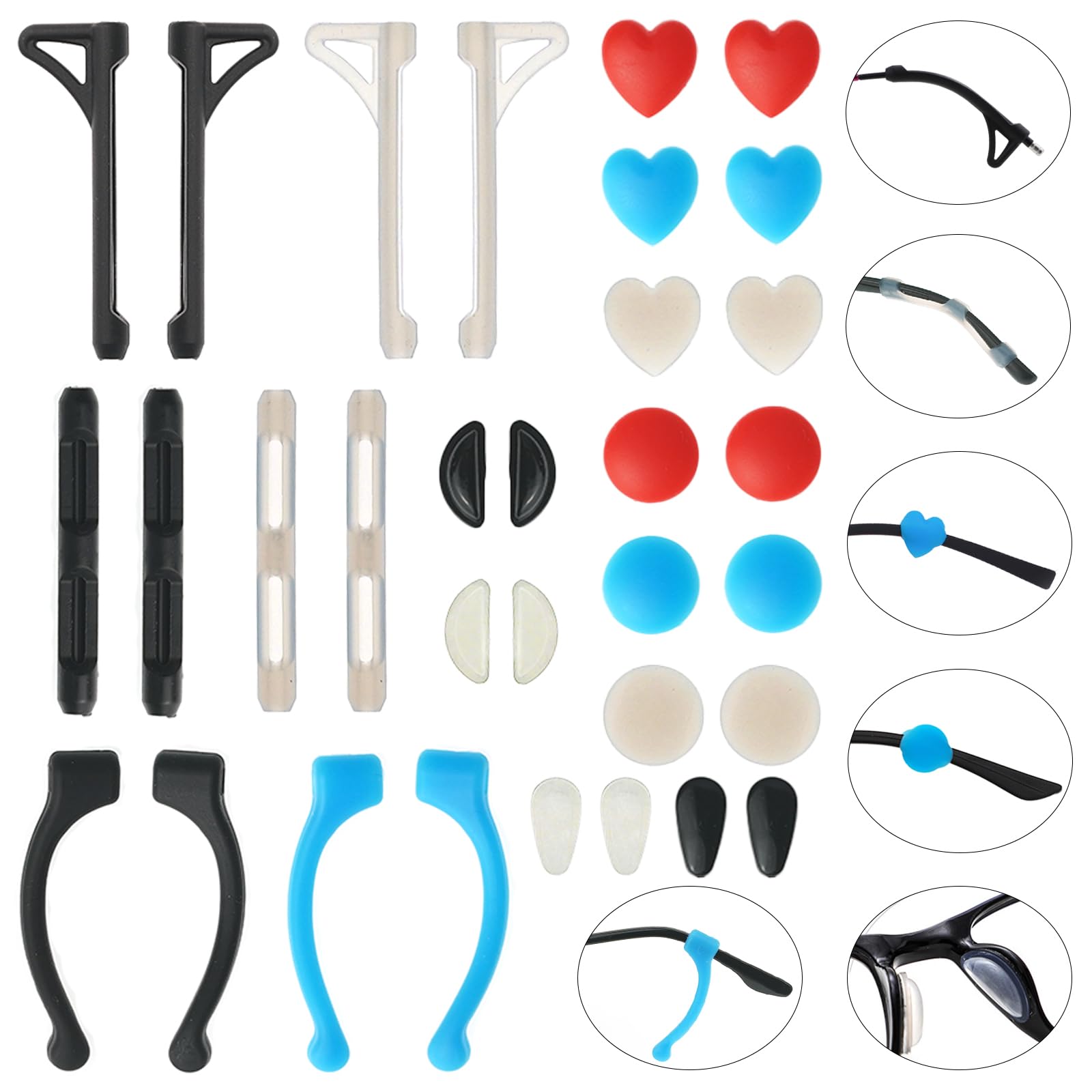 ESSSO Glasses Ear Grip – 16 Pairs of Anti-Slip Eyeglass Ear Grips in 7 Styles Silicone Glasses Ear Cushion for Sports, Study & Work, Prevent Slipping with Eye Glasses Ear Grippers