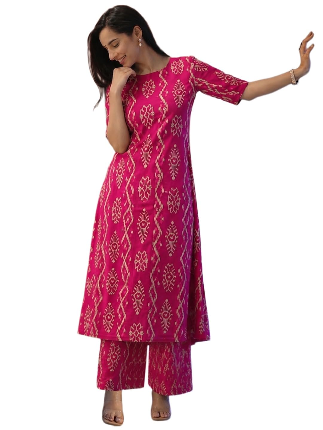 Co Ord Set for Women Viscose Printed | A Line Kurta Palazzo Set for Woman | Round Neck Elbow Sleeve Ethnic Dress Stylish Coord Outfit Trendy Womens Clothing-image-7