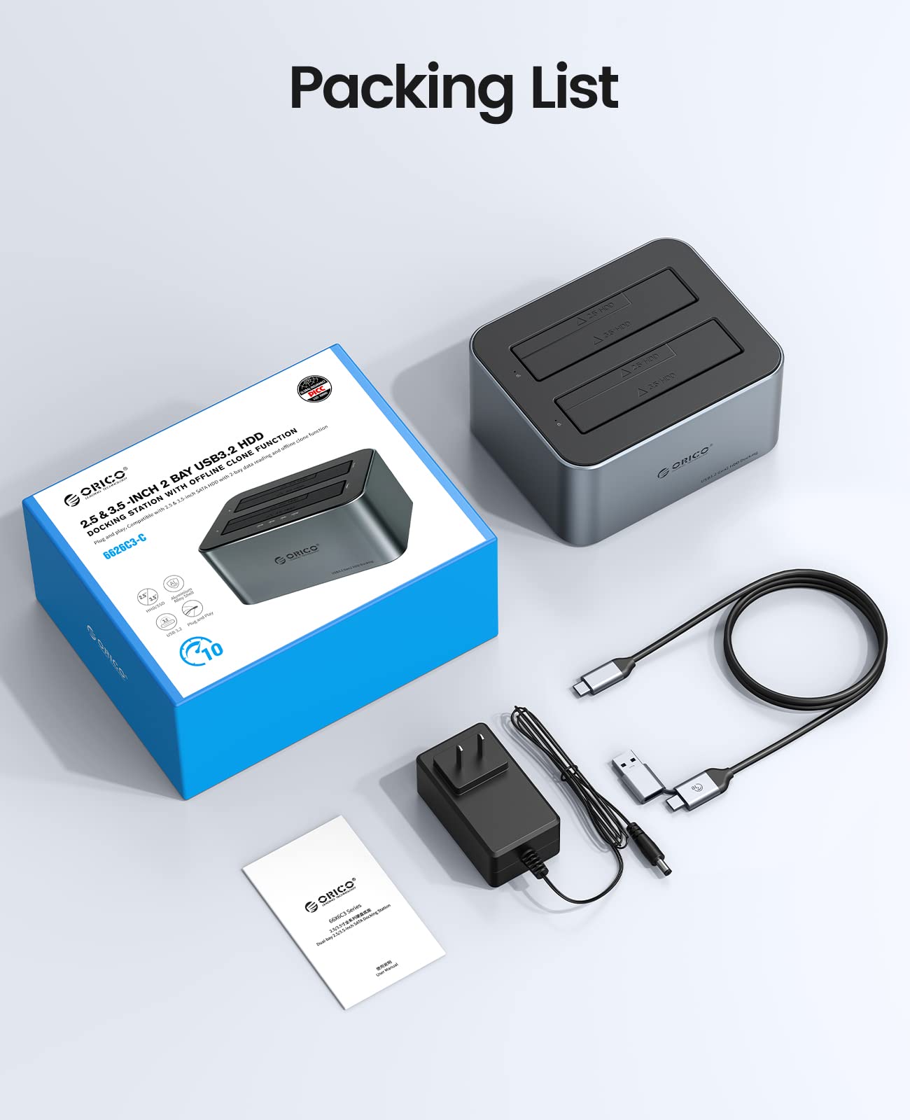 ORICO Station d'accueil double disque dur en aluminium USB 3.2 Gen 2 pour SATA 2,5/3,5" SSD/HDD 2 baies, bloc d'alimentation 12 V 3 A, prend en charge 2 x 18 To, sans outil (6626C3)
