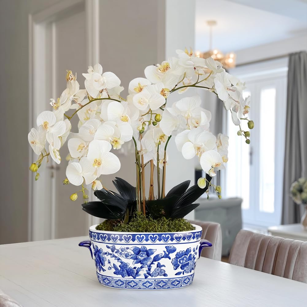 Vaso in ceramica blu e bianca – Vaso ovale in porcellana con motivo floreale – Vaso decorativo per piante da interno, orchidee e fiori artificiali, 27 cm