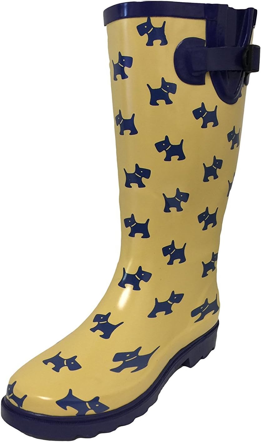 G4U Women's Rain Boots Multiple Styles Color Mid Calf Buckle Fashion Rubber Knee High Snow Shoes (10 B(M) US, Yellow/Puppies)
