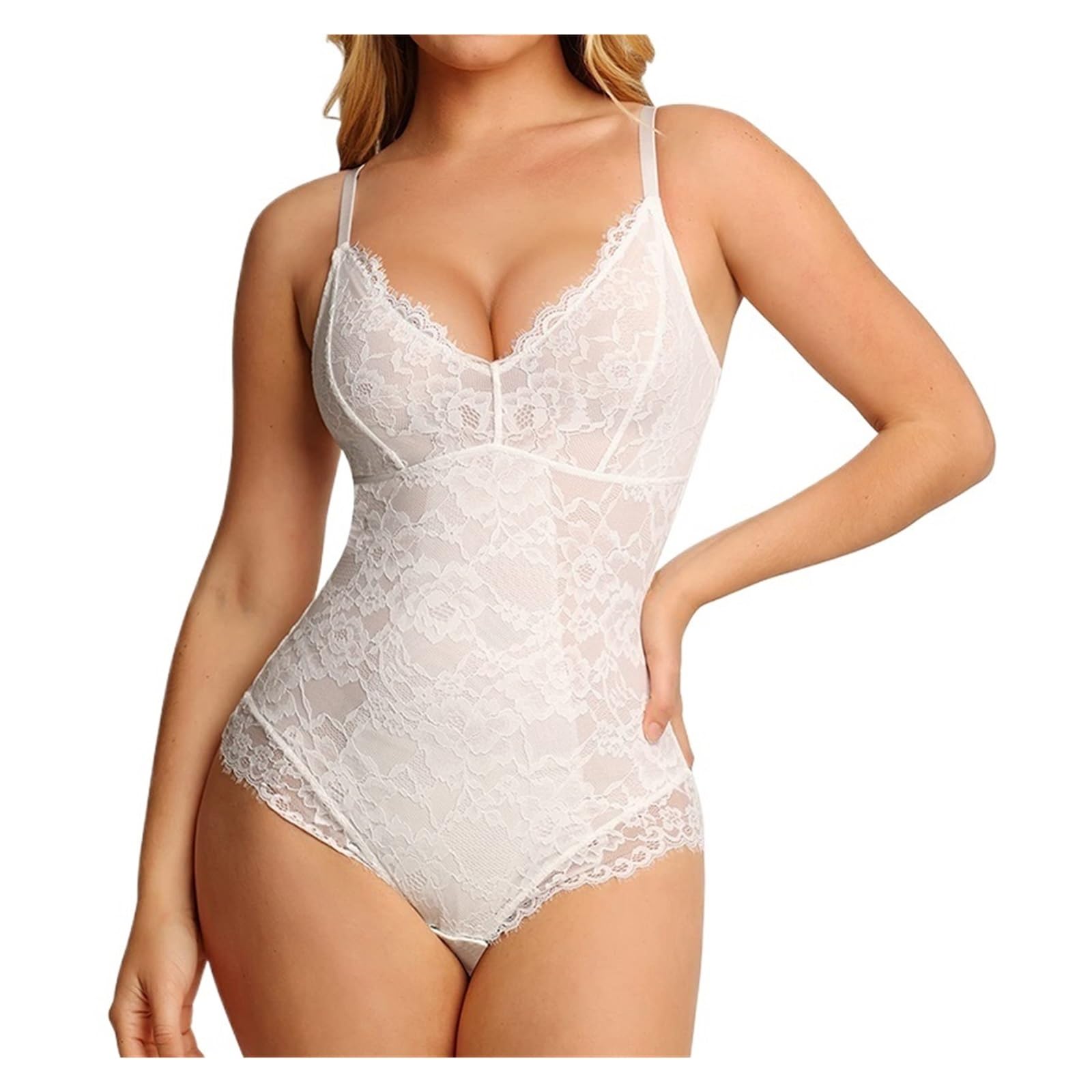 Donna Shapewear Body modellante for tutto il corpo overbust in pizzo for donna Tummy Control Shapewear canotta top sexy scollo a V perizoma intimo intero Body Contenitivo Modellante Donna(White,S)
