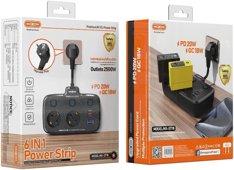 Moxom MX-ST18 Power Strip in its packaging, showing the EU plug and outlets