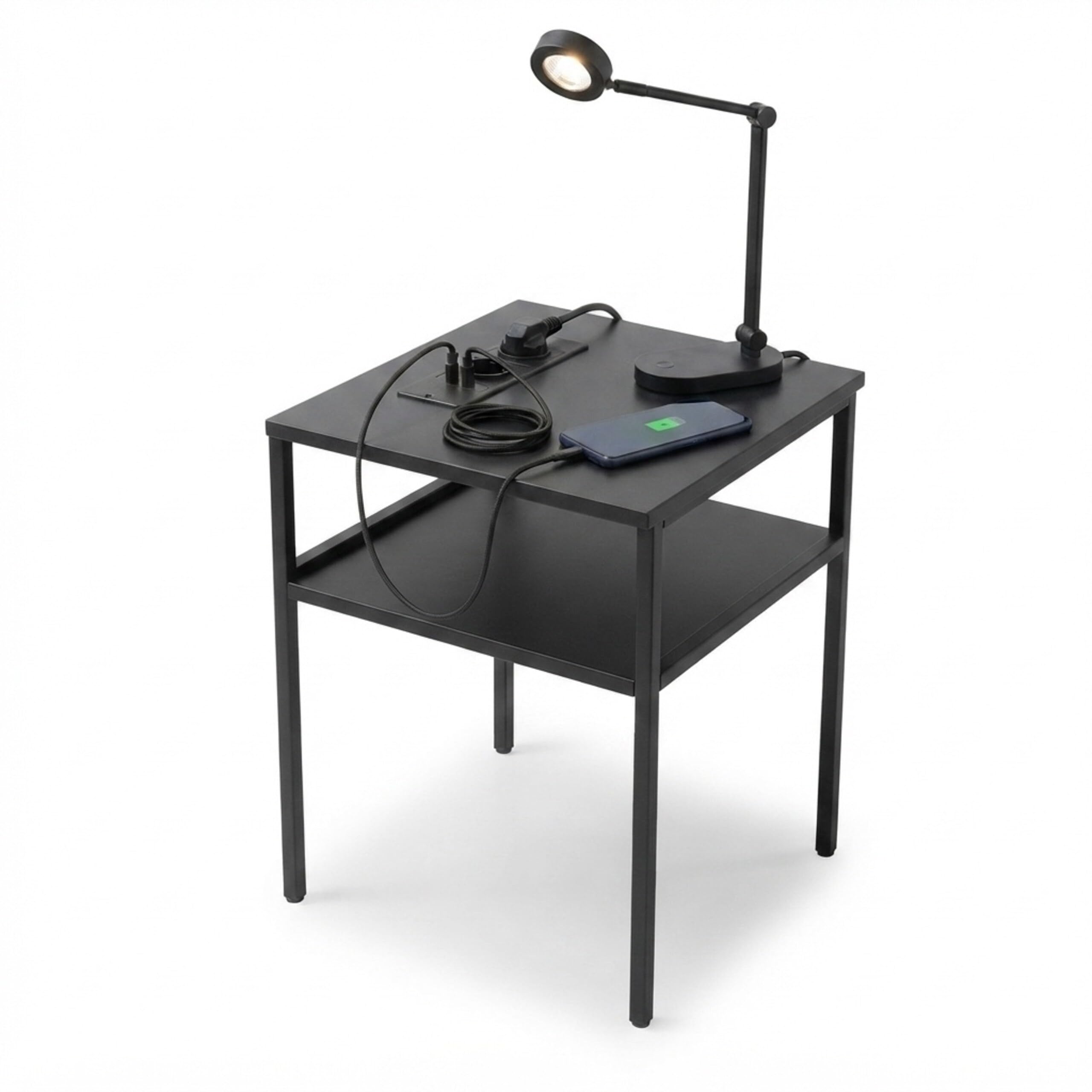 Relaxdays Stolik nocny z LED, gniazdami i USB, 2 szuflady, 60 x 40 x 30 cm, czarny