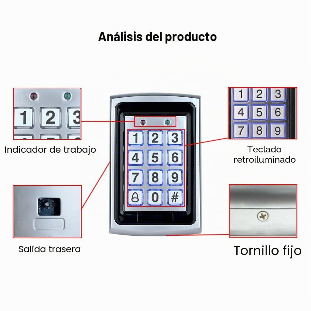 Kit Sistema Control Acceso Metal Teclado RFID 125KHz Card Reader WG26 + Controlador Fuente Alimentación DC12V 3A + Botón Salida Puerta + 10pcs Keys Card (Without Lock)