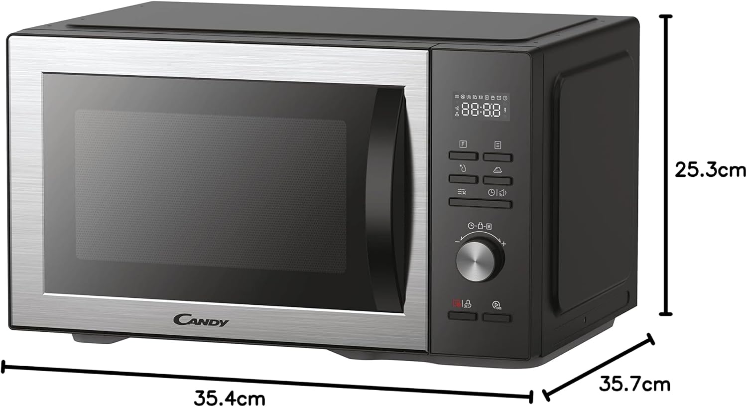 Dimensions of the Candy CMCA29EDLB microwave oven: 35.4cm width, 35.7cm depth, 25.3cm height