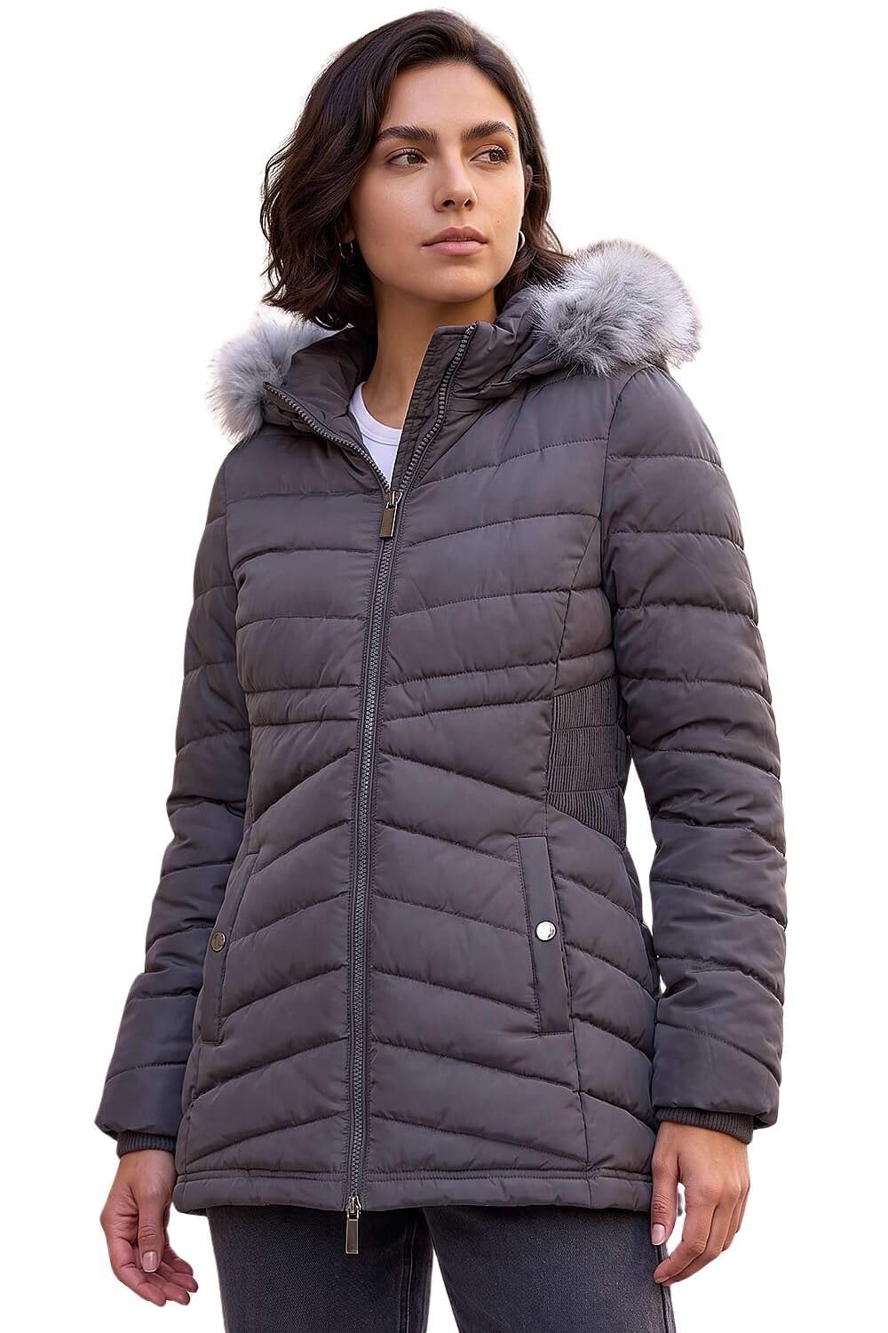 Roman Quilted Padded Coat for Women UK - Ladies Parka Winter Jacket Faux Fur Trim Hooded Short Autumn Waterproof Water Resistant Everyday Holiday Comfy Work - Charcoal - Size 20