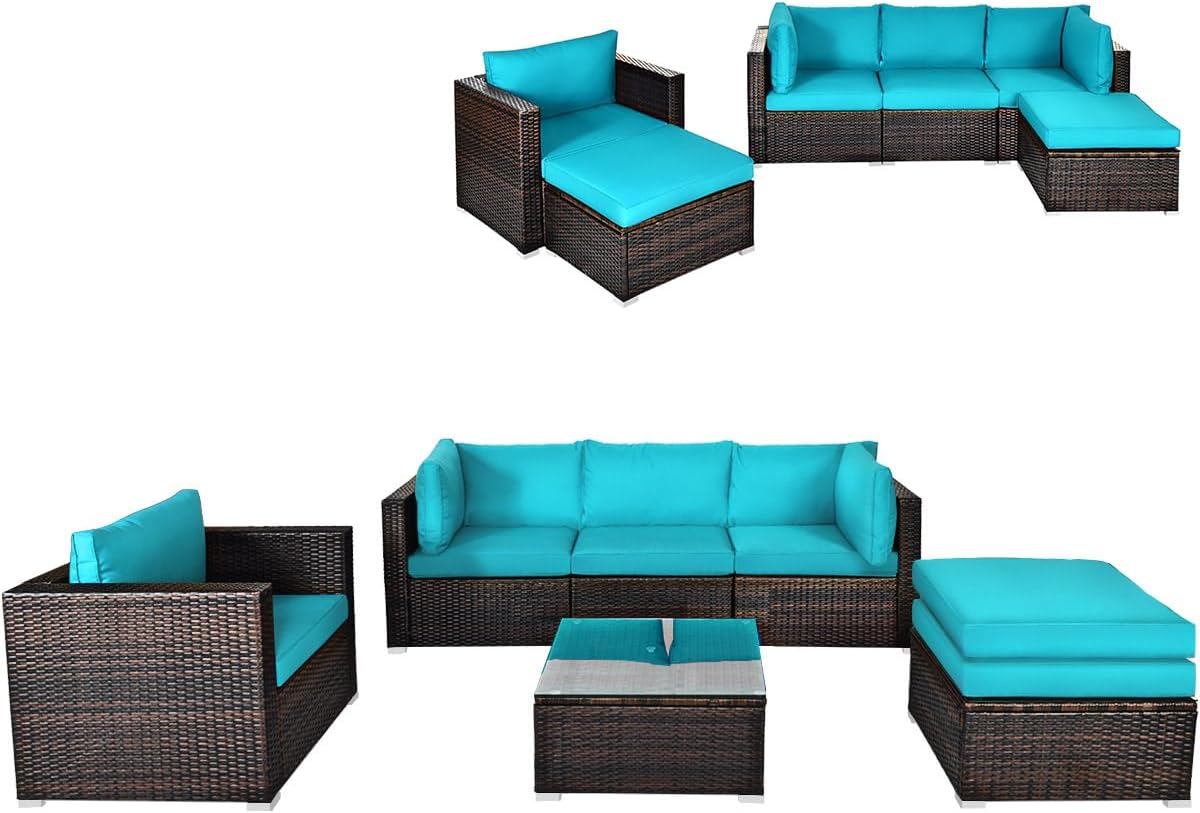 DORTALA 6 Pieces Patio Rattan Sectional Furniture Set, Outdoor Wicker Conversation Set, All Weather PE Wicker Sofa Set with Back and Seat Cushion for Backyard Couch Garden Poolside Balcony, Turquoise