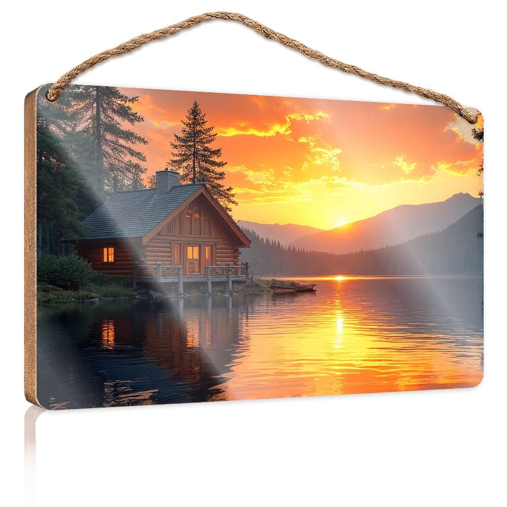 Bathroom Hanging Decor Log Cabin By The Lake At Sunset. Camper Decor Fall Porch Decor(23X35CM)