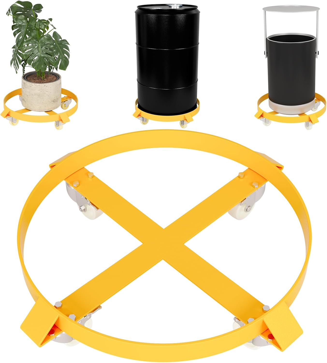 55 Gallon Heavy Duty Drum Dolly, 1000Lbs Barrel Dolly, Trash Can Dolly with 4 Swivel Casters Wheel, Steel Frame Dolly Cart, Non Tipping Hand Truck Capacity Dolly for Warehouse,Yellow
