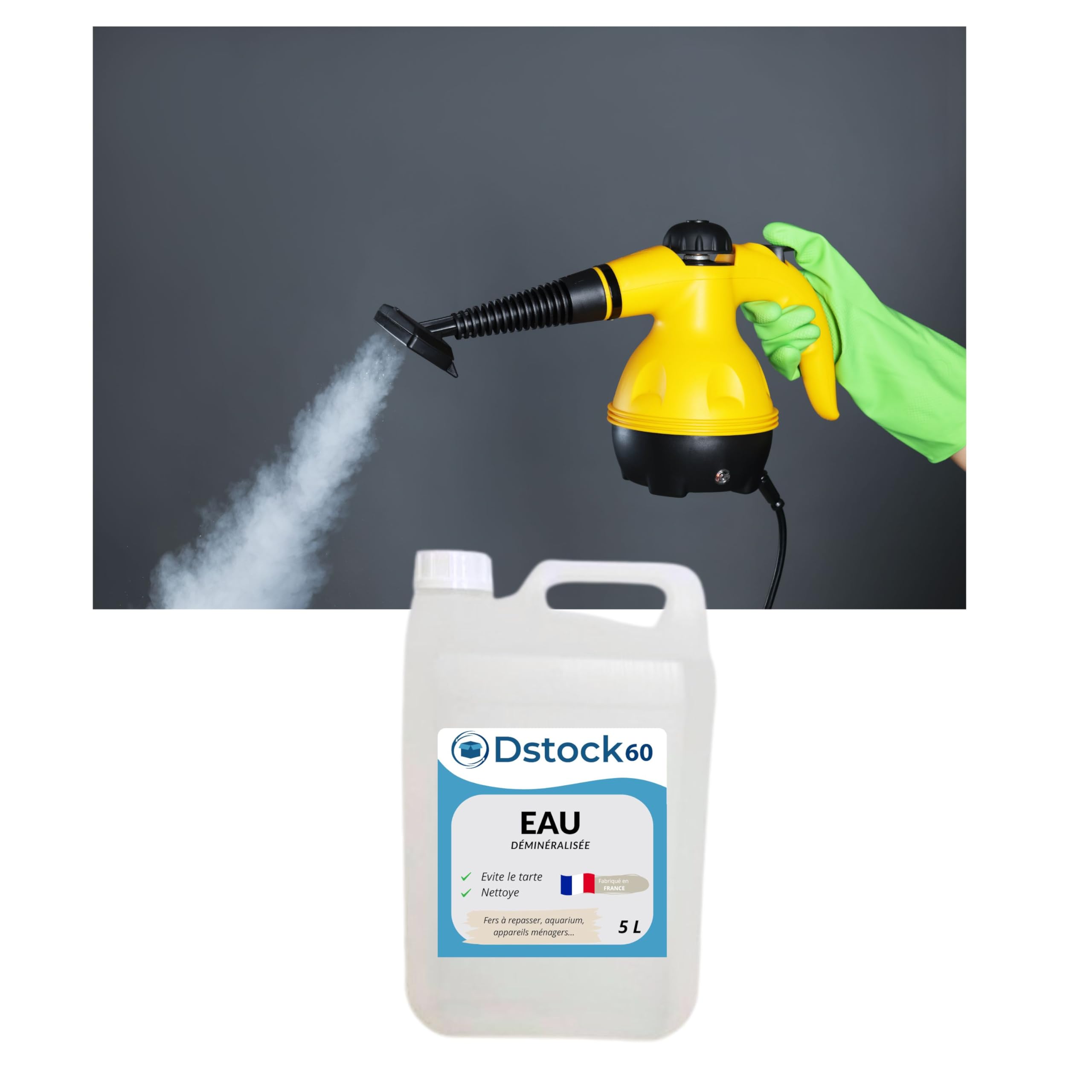 DSTOCK60 - Eau déminéralisée 5L – Fabrication Française – Haute Pureté pour Fer à Repasser, Batterie, Nettoyage, Vapeur, Aquarium – Qualité Premium - 3 bidons