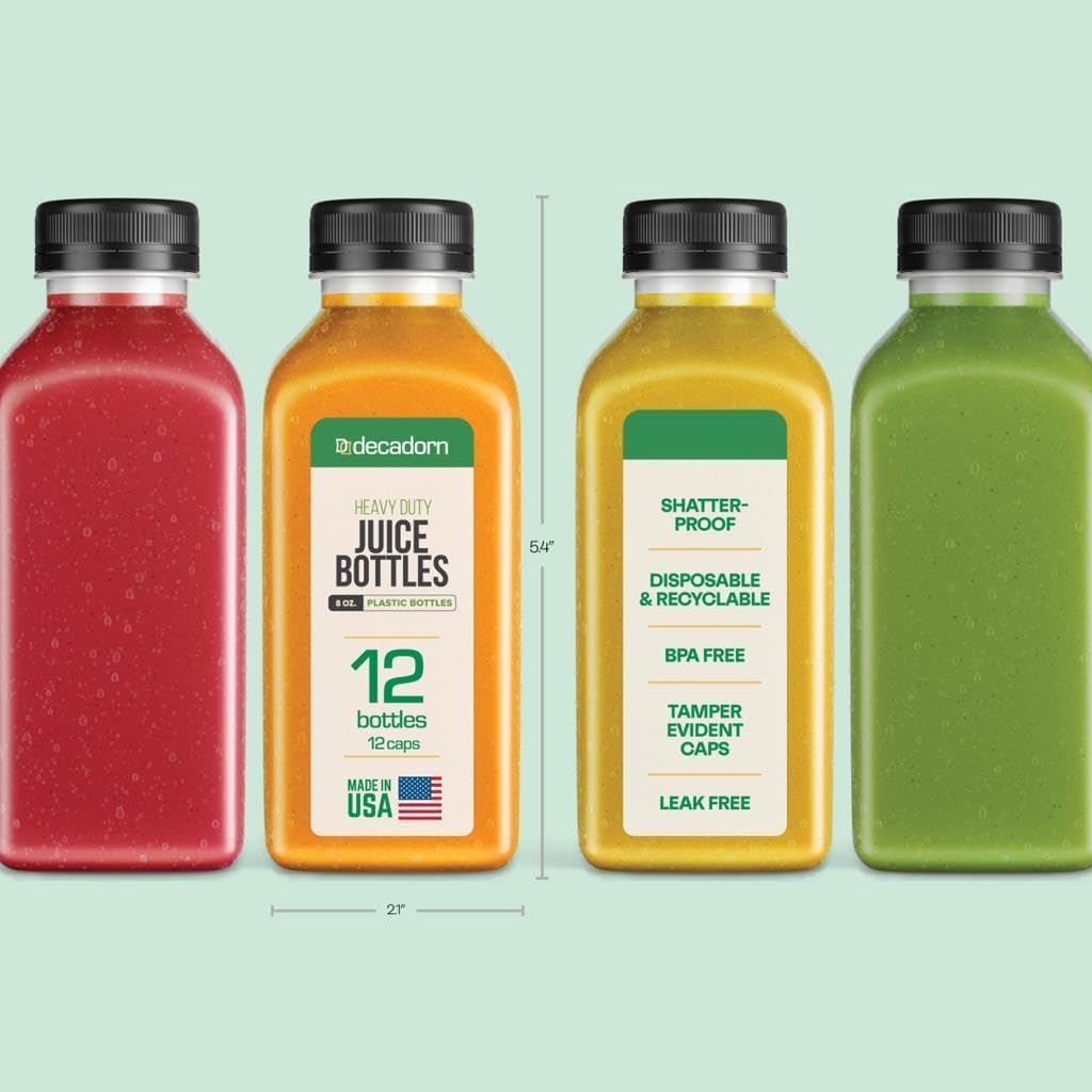 DECADORN 8oz 12pcs Plastic Bottles With Caps - Juicing Bottles For Juicing - MADE IN USA Clear Mini Bottle With Lids - Drink Container - Shatterproof, BPA-Free, Leak proof, Disposable & Recyclable thumbnail