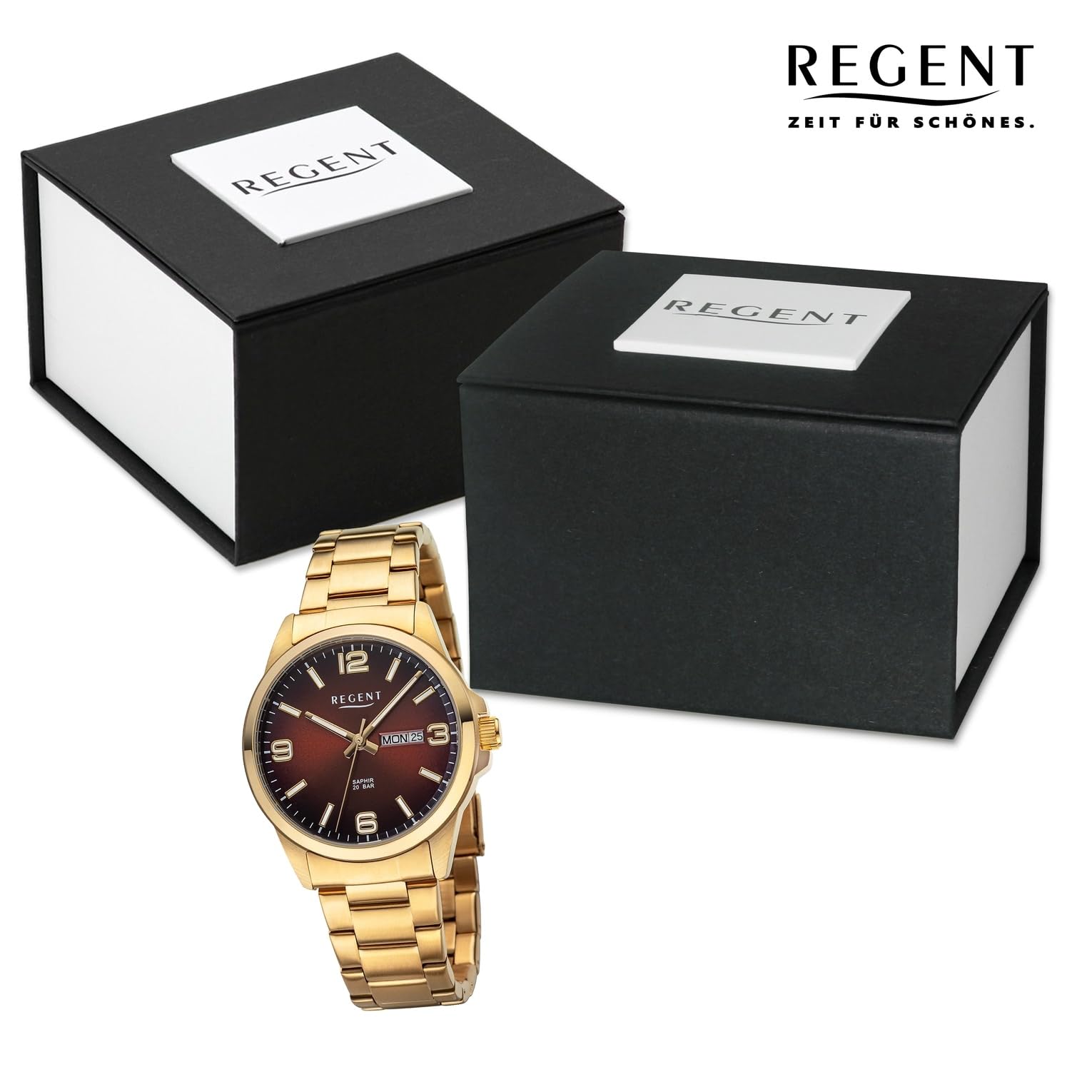 REGENT Orologio da uomo con giorno della settimana e datario 20 ATM, vetro zaffiro F-1530, Marrone dorato.