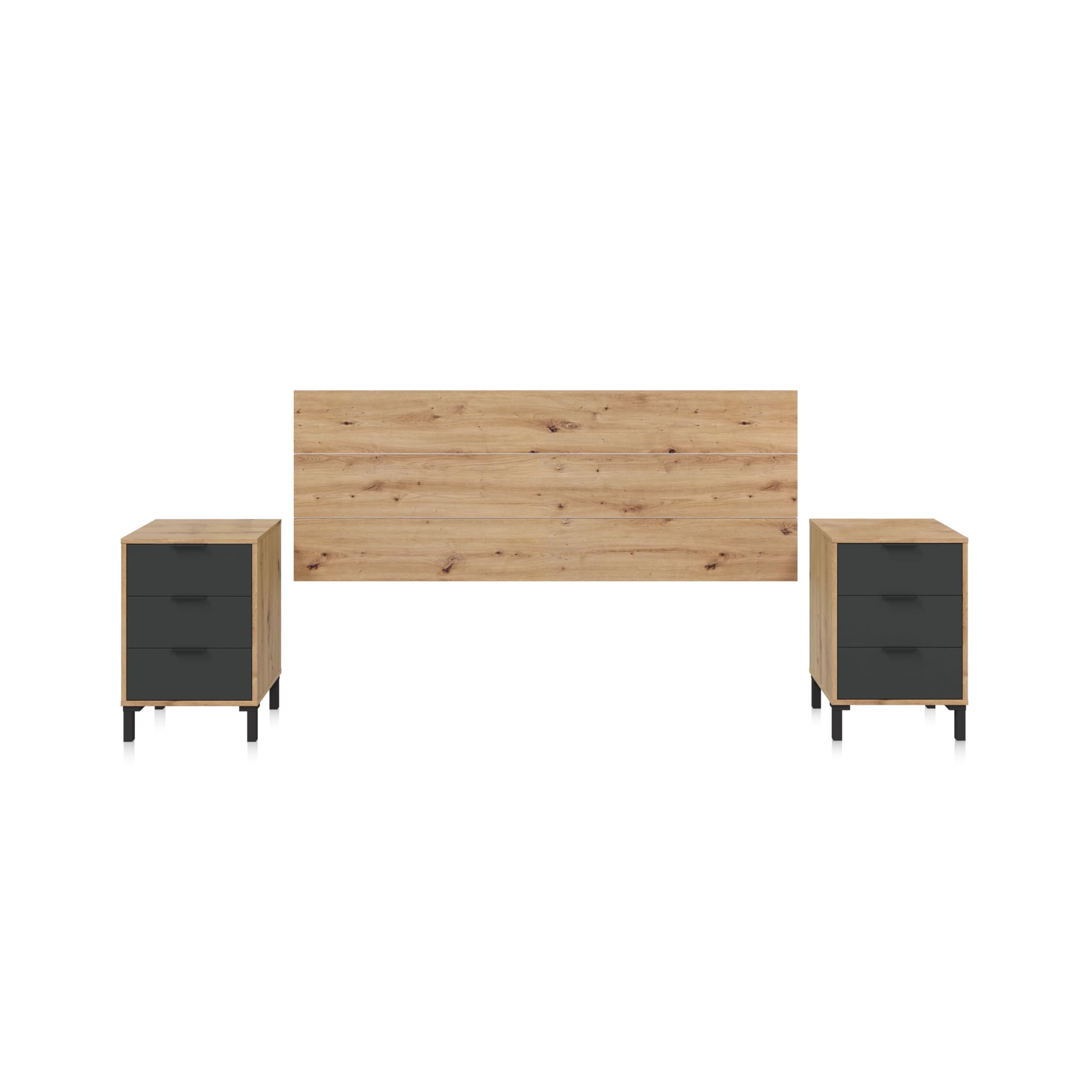 duehome | Cabecero y 2 mesitas de Noche, Cabecero Cama de Matrimonio, Modelo Luke, Acabado en Roble Nodi y Gris Antracita, Medidas: 160cm (Ancho) x 60 cm (Alto) x 2,5 cm (Fondo)