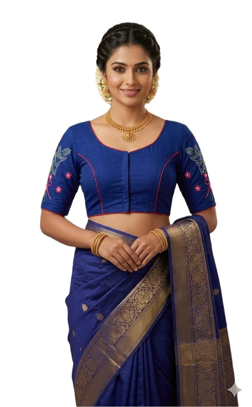 asiya 100% Cotton, Sleeveless Embroidery This Traditional Saree Blouse Features Intricate Floral Thread Embroidery Along the Back Neckline for an Elegant Festive Look.-picture-15