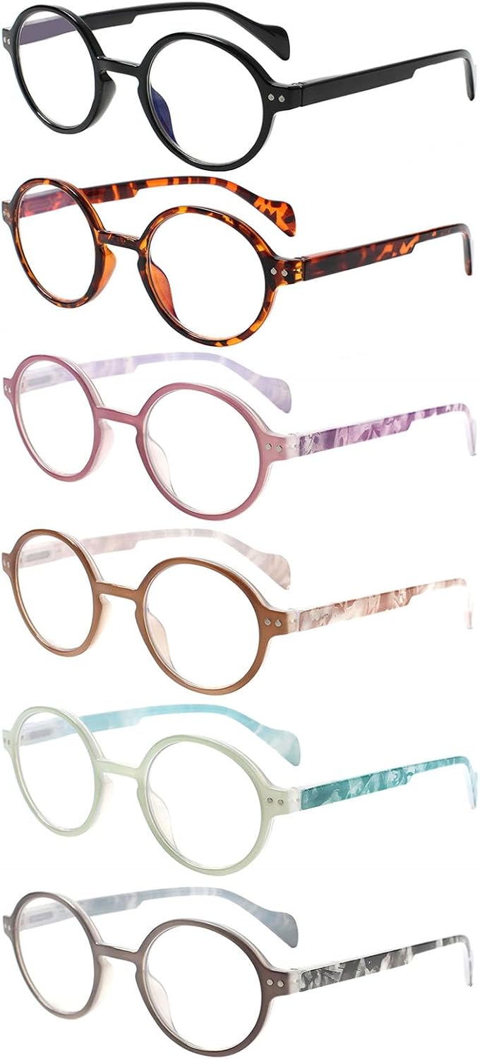 Kerecsen 6 Pack Vintage Round Reading Glasses for Women & Men Blue Light Blocking, Spring Hinge Design, Reading & Office Use