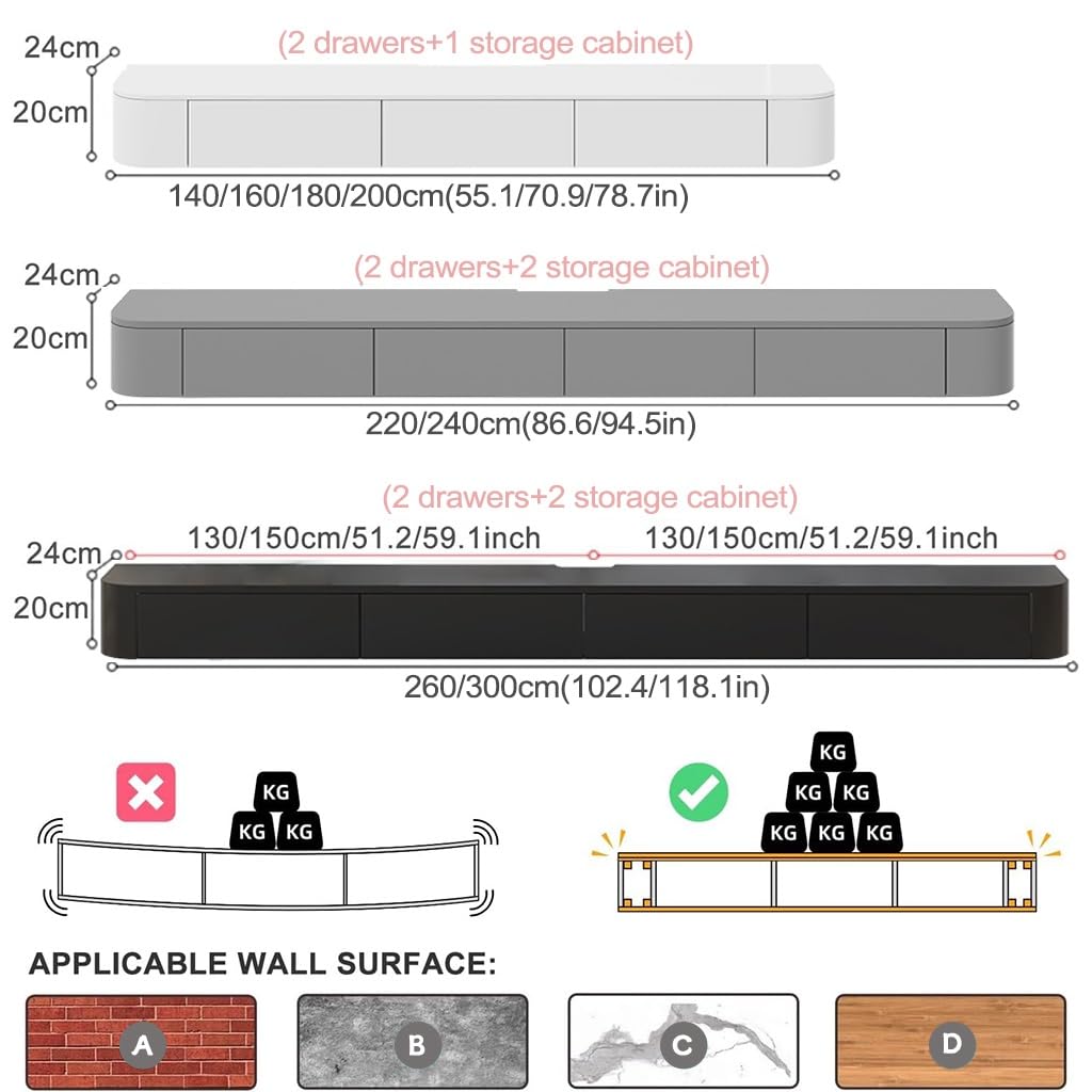 Schwebender TV-Ständer mit Schubladen, Wandhalterung, weiß, TV-Konsole, Regal für Wohnzimmer, Unterhaltung, Mitteltisch mit Stauraum, modern, schwarz, 160 cm